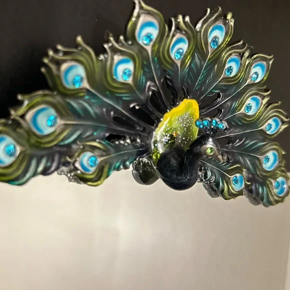 Vintage Enamel Rhinestone Pewter Peacock Mirror Vanity Tray